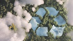 small plane flying above jungle, clouds and the recycling logo
