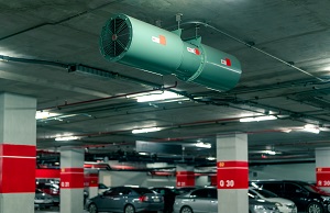 cylindric fan at the ceiling of an underground parking
