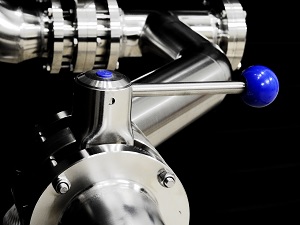 shut-off valve in a stainless steel pipe with a blue spherical head